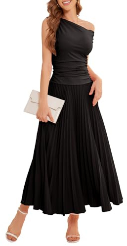 Bbonlinedress Robe de Soirée Noël Nouvel an Réveillon Femme Chic et Elégant Longue pour Cérémonie Cocktail Bal Mariage Plissée A-Line à Une Epaule Oblique Black M