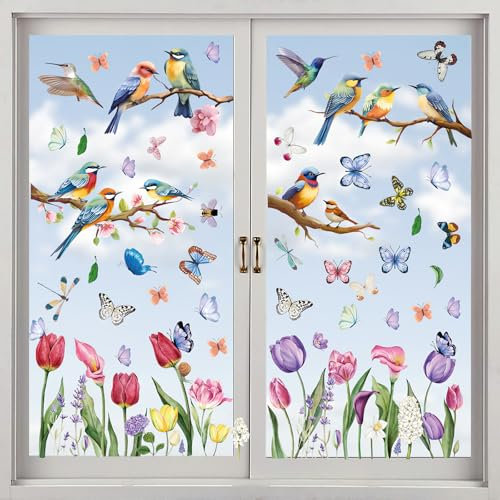 9 Stück Fensterbilder Frühling Selbstklebend, Fensterdeko Frühling, Fenstersticker, Frühlingsdeko Fenster, Vogel Blumen Aufkleber Fenster Fensterbilder Kinder, für Wohnzimmer Büro Schlafzimmer