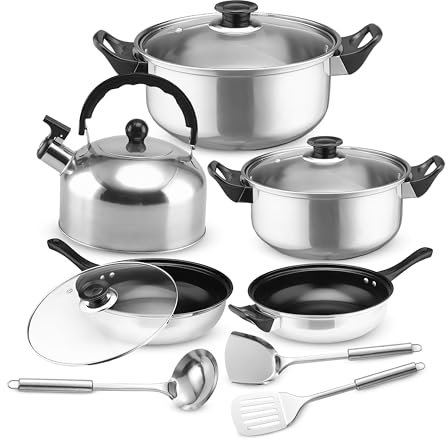 Retoo Topf und Pfannenset Induktion 11-teilig Kochtopf Set mit Glasdeckel, Wasserkocher, Topfset Edelstahl Bratpfanne Kühlbleibender Griff Spülmaschinengeeignet Durchmesser 22/24 cm