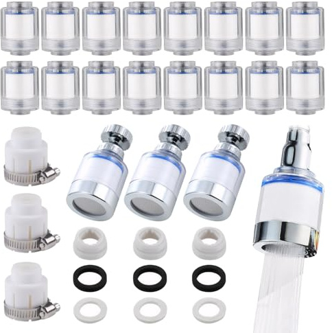 3 Stück Wasserfilter, 360° Wasserhahn Filter für Trinkwasser mit 13 PP-Baumwollfilterelement,3 Universaladapter, Wasserhahn Filter Für Trinkwasser für Küche, Spüle