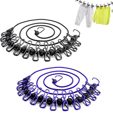 Riisoyu Cuerda Tendedero Exterior, 2 Piezas Cuerda de Tender portátil con 12 Pinzas y Hebillas de Posicionamiento Elástico Ajustable Retráctil SOGA de Ropa para Viajes, Exteriores, Camping