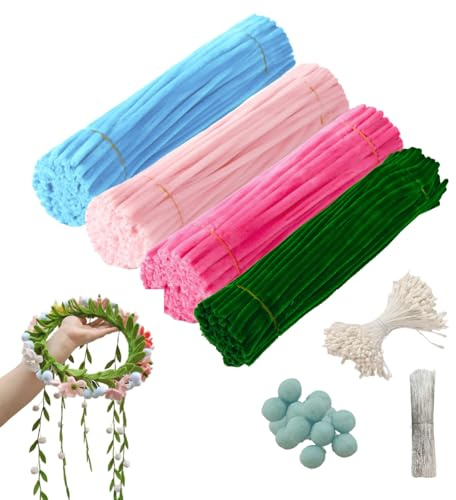 XHWOLGARIAN 400 Limpiapipas en 4 Colores (Rosa/Verde/Azul/Rojo) Kit de Flores con 20 Estambres y 20 Pompones de Estambre para Manualidades DIY Decoraciones Florales.