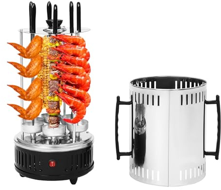 Elektro Dönergrill 1000W, Vertikaler Drehspießgrill mit 6 Fettauffangschale, 6 Dönerspieß, Kebab Maker, Drehspieß Grill für Döner, Gyros, Shawarma