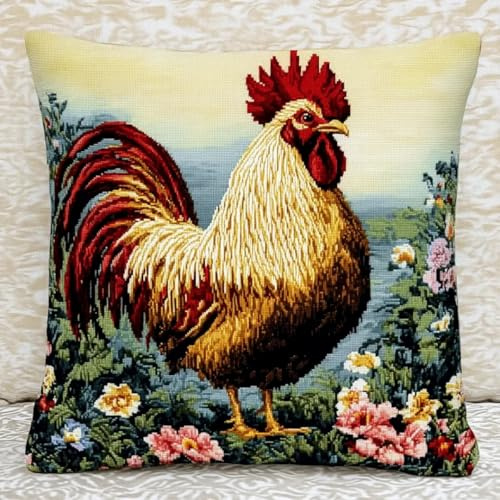 ANSIWEIGO Kit Crochet de Verrouillage Tapis DIY,Coq vintage,Kit Tapis Point Noué à Faire pour Débutants,Adultes,Latch Hook Canevas Coussin Point de Croix,43x43cm