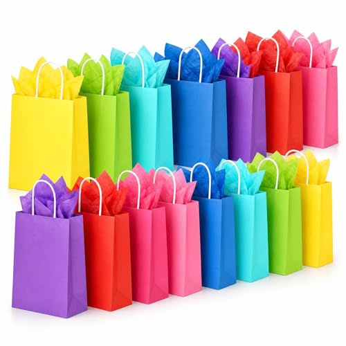 32 Stück Bunte Geschenktüten mit Henkel Seidenpapier, Papiertüten 22 x 16 x 8 cm, kleine Partytüten aus Kraftpapier für Kindergeburtstag, Hochzeit, Weihnachten, Mitgebsel und Geschenke(8 Farben)