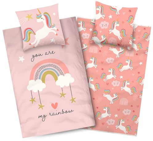 Aminata kids Bettwäsche Einhorn 135x200 für Mädchen - Einhornmotiv 100% Baumwolle - Kinder-Wende-Bettwäsche-Set rosa Regenbogen mit Reißverschluss