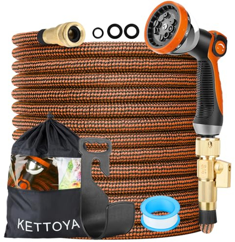 KETTOYA Tubo da giardino espandibile da 50 m, con ugello spray a 10 modelli, connettore rapido con valvola 2 in 1, tubo flessibile per acqua resistente, resistente 3750D, nucleo in lattice a 4 strati