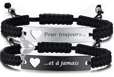 Couple Bracelet Amoureux pour 2 : 2Pcs Bracelet Réglable en Cordon Tressé Acier Inoxydable Gravure ...et a jamais Bracelets d'Amitié pour Homme Femme Noël La Saint-Valentin Anniversaire Cadeau