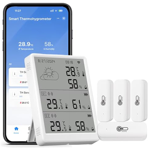 WLAN Thermometer Hygrometer Innen: Intelligenter Temperatur- und Feuchtigkeitsmonitor mit App-Benachrichtigungen und Kostenfreier Datenexport, kompatibel mit Alexa, 4 Sensoren und Basisstation