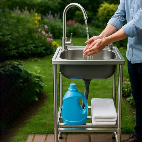 Lavello in Acciaio Inox Autoportante 1 Vasca, Lavandino Commerciale con Rubinetto Lavello da Cucina per Lavanderia/Ristorante/Campeggio/Giardino/Garage,Interno e Esterno,Facile Da Pulire