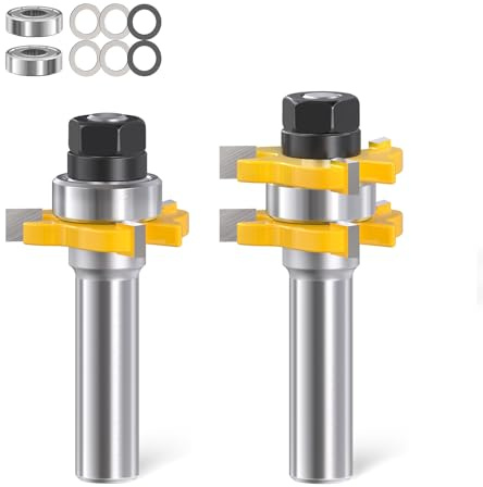 Jeu de 2 Fraises à Languette et Rainure pour Défonceuse – Queue 12 mm, Fraises d’Assemblage en T à 3 Dents, pour Assemblages Bois Rainure & Languette, Largeur de Rainure 44 mm
