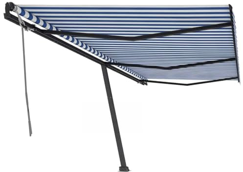 Manual Retractable Standing Awning, 600 x 350 cm, Blue/White, UV & Water Resistant, Aluminium Frame for Patio and Outdoor Use, Freestanding