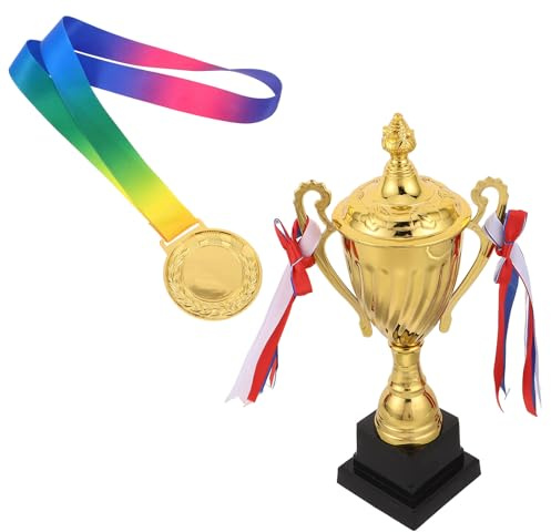 VICASKY Set Coppa Campionato 29 Cm e Medaglia Sportiva con Nastro, Premio Evento Sportivo per Competizioni e Cerimonie Atletiche, Riconoscimento Metallo Resistente per Tornei e Gare