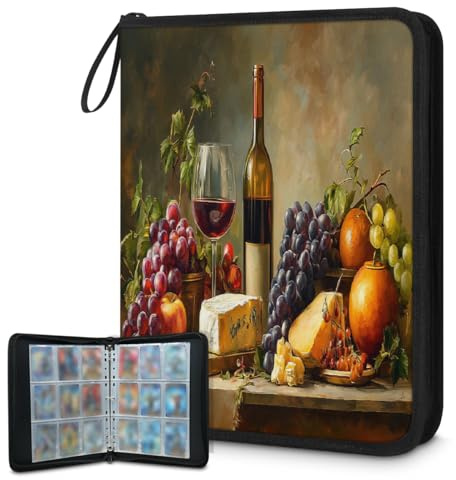 DJYQBFA Card Binder 9 Pocket with 50 Removable Sleeves - Holds 900 Trading Cards, Red Wine Cheese Grapes Fruit 3-Ring Zip Top Loader Binder, Protective Album for Collectors