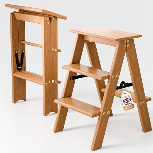 3 Steps Ladder,wooden step stool,Folding Step Stool with Anti-Slip Wide Pedal,150KG Load,2-in-1 Wood Foot Stool Display Storage Shelf Flower Rack for Home Ktichen. (DRG2)