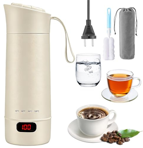 LYPPUL Elektrisk resevattenkokare liten 400 ml, minivattenkokare med 4 temperaturinställningar, 4-i-1 bärbar resevattenkokare – 304 rostfritt stål, automatisk stängning för te, kaffe, babymjölk