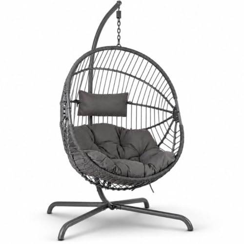 Arebos Hängesessel Outdoor mit Gestell | höhenverstellbar | 130 kg | Grau | Ei Sessel 360° drehbar | Garten Balkon Terrasse Wohnzimmer | Stahlgestell wetterfest | inkl. Sitz- & Nackenkissen