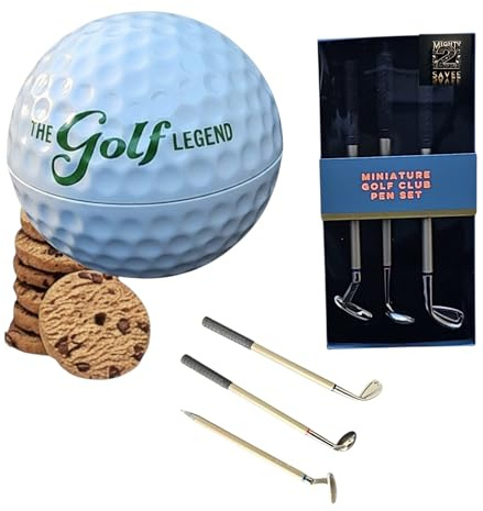 The Golf Legend Biscuit Chocolate Chip Shortbread Tin 180g & Mini Golf Club Pen Set | Perfect For Golf Lovers, Gift For Father's Day, Birthdays, Him And Her| Collectible Golfer Reusable Tin