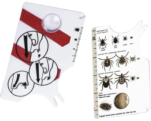 KIMHOME Set di 2 carte per rimuovere le zecche, strumento per catturare le zecche con lente d'ingrandimento, tabella della scala delle zecche per esseri umani, cani e gatti (plastica)