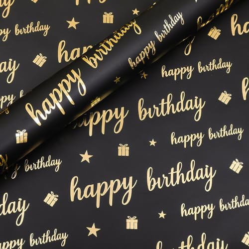 Tourima Geschenkpapier Schwarz Gold, Happy Birthday Geschenkverpackung Geburtstag Packpapier, 5 Bögen 70 x 50 cm Geschenkpapier Geburtstag Set, Hochzeit Muttertag Kommunion Babyparty Kindergeburtstag