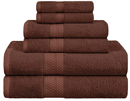 Superior Rayon from Bamboo Cotton Blend 6 Piece Towel Set, for Bathroom, Gym, Spa, Essentials, Includes; 2 Face Towels/Washcloths 13” x 13”, 2 Hand Towels 16” x 30”, 2 Bath Towels 30” x 54”, Cocoa