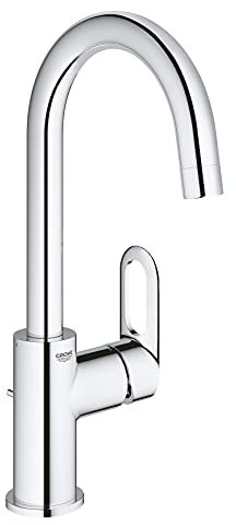 GROHE BauLoop, Waschtischarmatur hoch, wassersparend (Wasserhahn für das Bad, Badarmatur mit Zugstangen-Ablauf, 31cm hoch, einfache Installation am Waschbecken, langlebige Oberfläche), chrom, 23763000