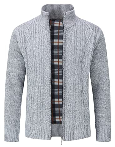 Sliktaa Gilet Cardigan Veste pour Hommes Grosse Maille avec Col Droit Slim Fit Casual Couleur Unie Confortable 5 Couleurs,Gris Clair,Gris Clair,M