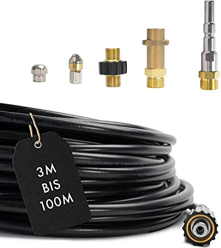 Rohrreinigungsschlauch - Set PROFESSIONAL (6-Teilig) für Kärcher Kränzle NILFISK ALTO WAP Professional HD HDS Anschluss 1/8 AG : M22 x 1,5 IG & Bajonett-Adapter & Adapter KEW & 2x Düsen (12 Meter)