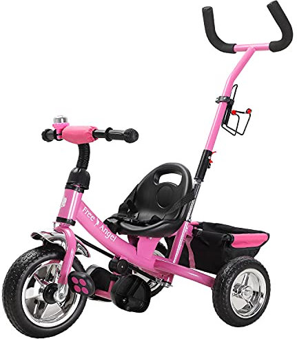 Spielwerk® Dreirad 2in1 mit Schubstange ab 1 Jahr Getränkehalter Kinderdreirad Klappbare Fußablage Baby Buggy Laufrad Kinderwagen Kleinkind Rosa