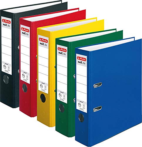 Herlitz 5480801 Ordner maX.file protect A4 (8 cm mit Einsteckrückenschild) (sortiert | 5er Pack) schwarz, rot, blau, grün und gelb