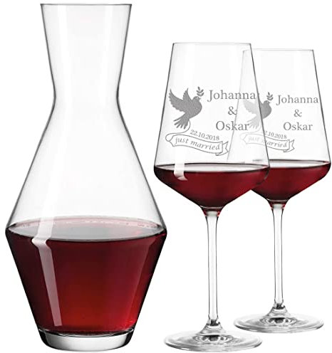 polar-effekt Leonardo Lot de 3 verres à vin rouge et carafe à décanter personnalisable avec gravure – Verre à vin 460 ml Idée cadeau pour les couples de mariage – Motif poussière de mariage