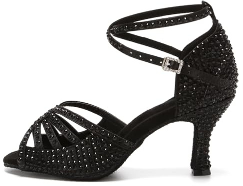 JUODVMP Zapatos de Baile Latino para Mujer Rhinestones Negro Estándar Salsa de Salón Tango Moderno Profesional 7.5cm Tacón,37EU