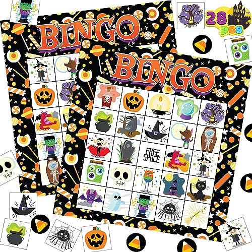 JOYIN Bingo-Spielkarte mit Halloween-Thema für 28 Spieler, für Schul-/Familienaktivitäten, Halloween-Partygeschenk, Halloween-Bastelarbeiten für den Unterricht, Schulbedarf, Brettspiele