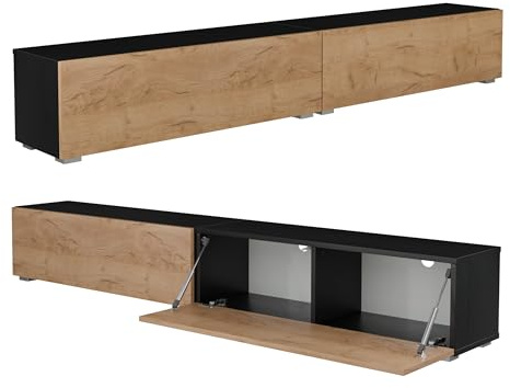 PLATAN ROOM Fernsehschrank TV-Lowboard 105/140 / 160/210 / 280 In Weiß Hängend Oder Stehend Hochglanz Matt (210 x 30 x 32, Schwarz Matt/Eiche Gold)