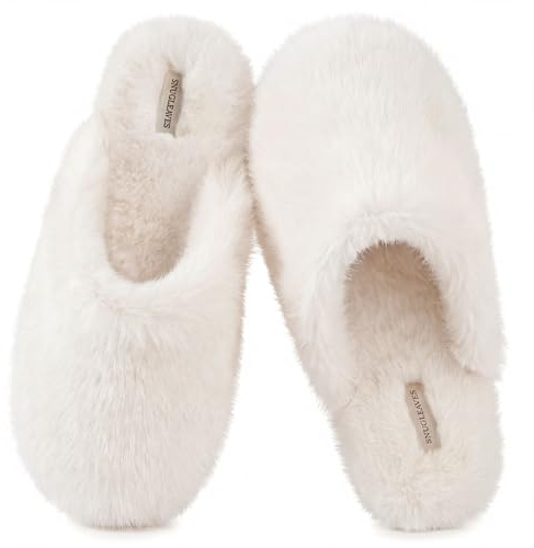 Snug Leaves Women's Fuzzy Scuff Slippers Soft Comfy Memory Foam Non-slip Indoor House Shoes (Cream White, Size 9-10)