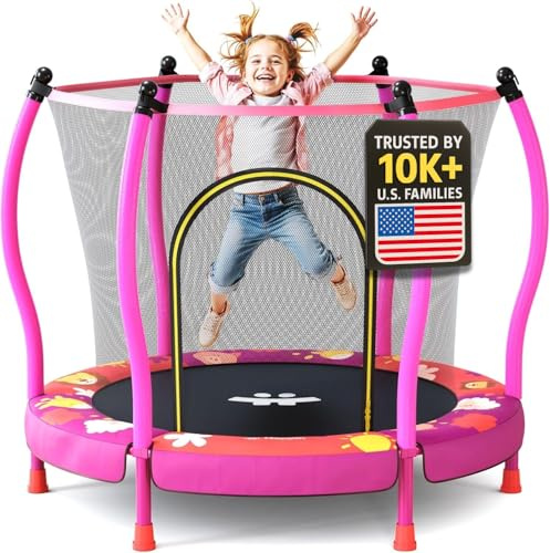 Happin Kleinkind-Trampolin für drinnen und draußen, mit Sicherheitsnetz, 1,5 m, Freizeit-Trampolin für Kinder, Alter 1–8 Jahre, mit Basketballkorb, kein Lücken-Design, Kleinkind-Geschenk für Jungen