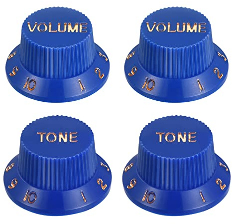 sourcing map 2 Satz Top Hat Gitarre Glockenknöpfe 6mm Innendurchm. 2 Volume 2 Tone Drehzahlregler Knöpfe für E Gitarre Ersatz Kunststoff Blau mit Gold Zeichen