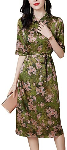 DISSA Damen Blumen Seidenhemdkleid Bindegürtel Kurzarm,Grün,46