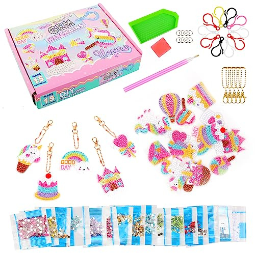 VFANDV Diamond Painting Enfant, 15Pcs Diamond Painting Kit Enfant 5D Diamant Peinture Porte-clés Perle Diamant a Coller pour Enfants Cadeau Fille 5 6 7 8 9 10 Ans Taille Unique
