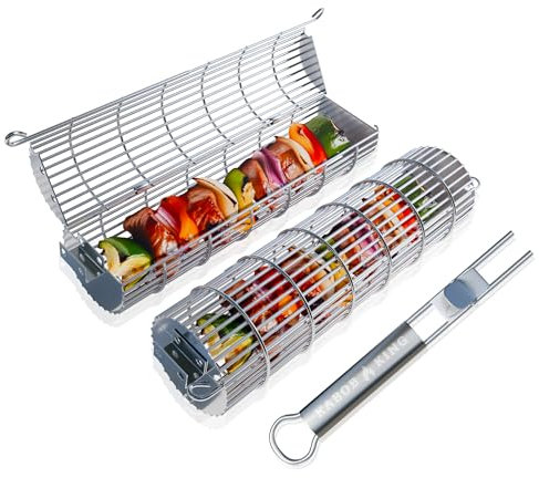 ORIGINAL Rolling Grill Basket Set of 2 w/Detachable Handle. Stainless Steel construction 2 sizes for Outdoor Camping Tailgating Grilling Vegetables