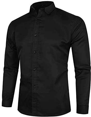 HAOLEI Mens Shirts UK Sale Clearance Long Sleeve Smart Casual Button Down Business Shirts Regular Fit Non Iron Stretch Plain Work Dress Shirt Solid Color Office Oxford Formal Shirt Plus Size 22 Black