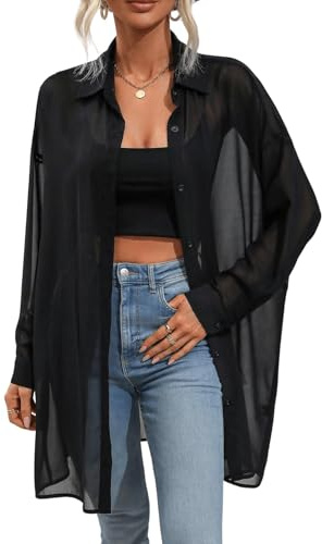 GORGLITTER Chemisier long en mousseline de soie pour femme - Transparent, Noir , XL