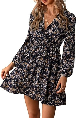 MAFA Femmes Robe Tunique Mini Robe Col en V Automne Hiver Longueur au Genou Casual Retro Respirant Fleurs violettes XL