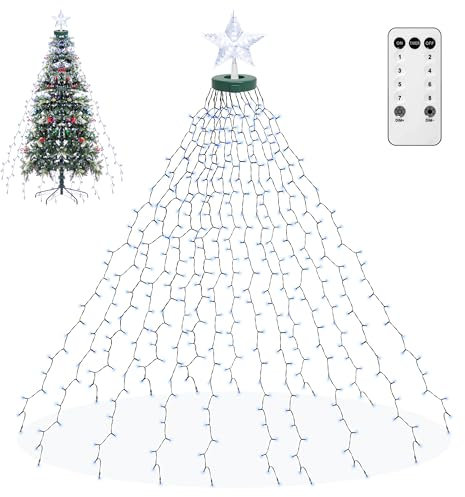 Catena di luci per albero di Natale con stelle, 410 LED, illuminazione natalizia, rete luminosa con telecomando, 2 m, luce per albero di Natale con anello per interni ed esterni, bianco freddo