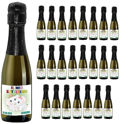 24 Bottiglie mignon di Prosecco DOC Spumante Extra Dry Personalizzato - Idea esclusiva e originale per bomboniere di battesimo (Elefantino)