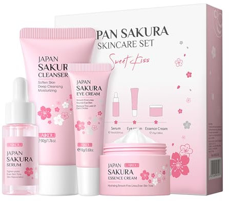 LAIKOU Set per la Cura Della Pelle Sakura, Kit per la Cura Della Pelle Donna, 4 pezzi Cura Della Pelle Del Viso con Detergente, Crema Occhi, Siero, Crema, per Adolescenti Ragazze Uomini Regalo