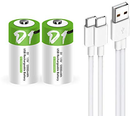 Batterie ricaricabili agli ioni di litio USB D, 1,5 V, 12000 mWh, batteria D, ricarica rapida 4H, 1200 cicli con cavo di ricarica di tipo C, protezione da sovraccarico, uscita costante, confezione da