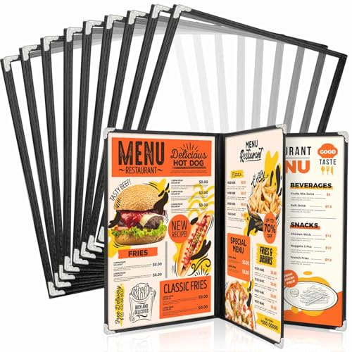 WenYa Copertine per menù formato A5 (confezione da 10), 3 pagine e 6 visualizzazioni (libretto), porta menù in stile caffè, con bordi neri, con protezioni angolari in metallo, adatte per fogli formato