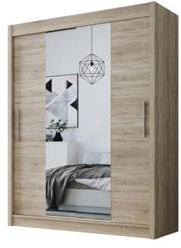 Easy4You D2 120 cm Sonoma Schiebetüren Kleiderschrank 120x200x58 cm mit Spiegel - Schlafzimmermöbel, Aufbewahrung - Mehrzweckschrank