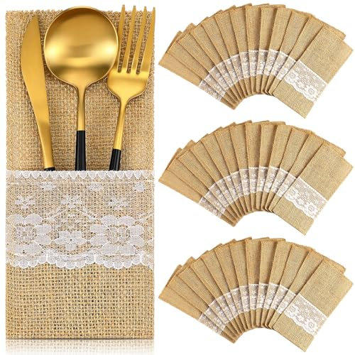 Shappy 50 Stück Jute Bestecktaschen mit Spitze 10,5 x 22,5 cm Sackleinen Bestecktaschen für Hochzeit Geburtstag Weihnachten Ostern Natürliche Jute Besteckbeutel Vintage Besteckhalter Tischdeko